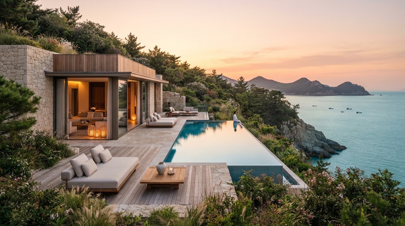Namhae Cliffside Villa Estate at golden hour sunset