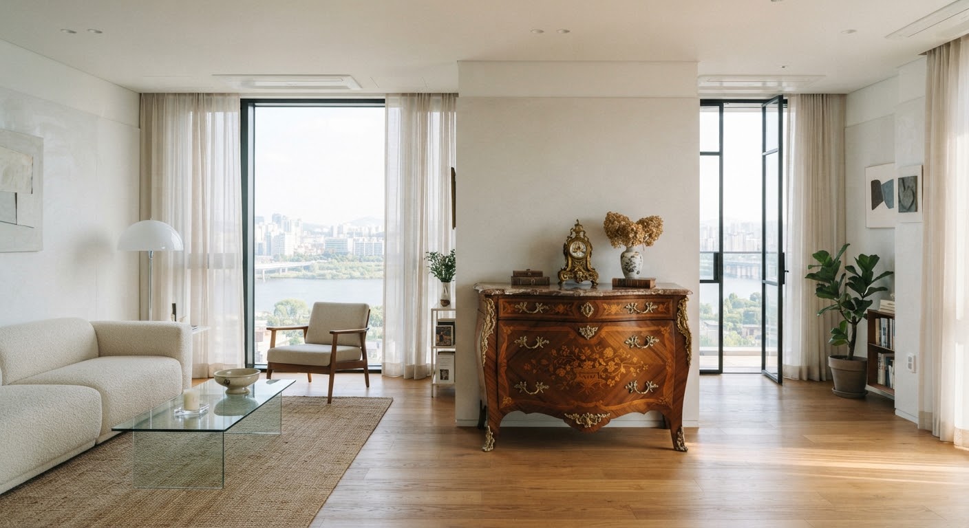 Modern minimalist penthouse living room with French Louis XV commode