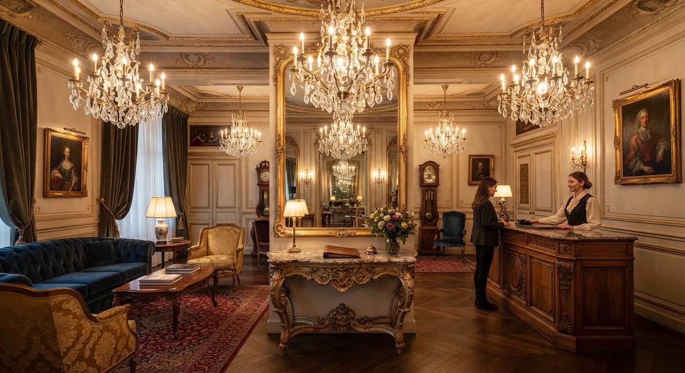 Boutique heritage hotel reception salon with chandelier and pier mirror